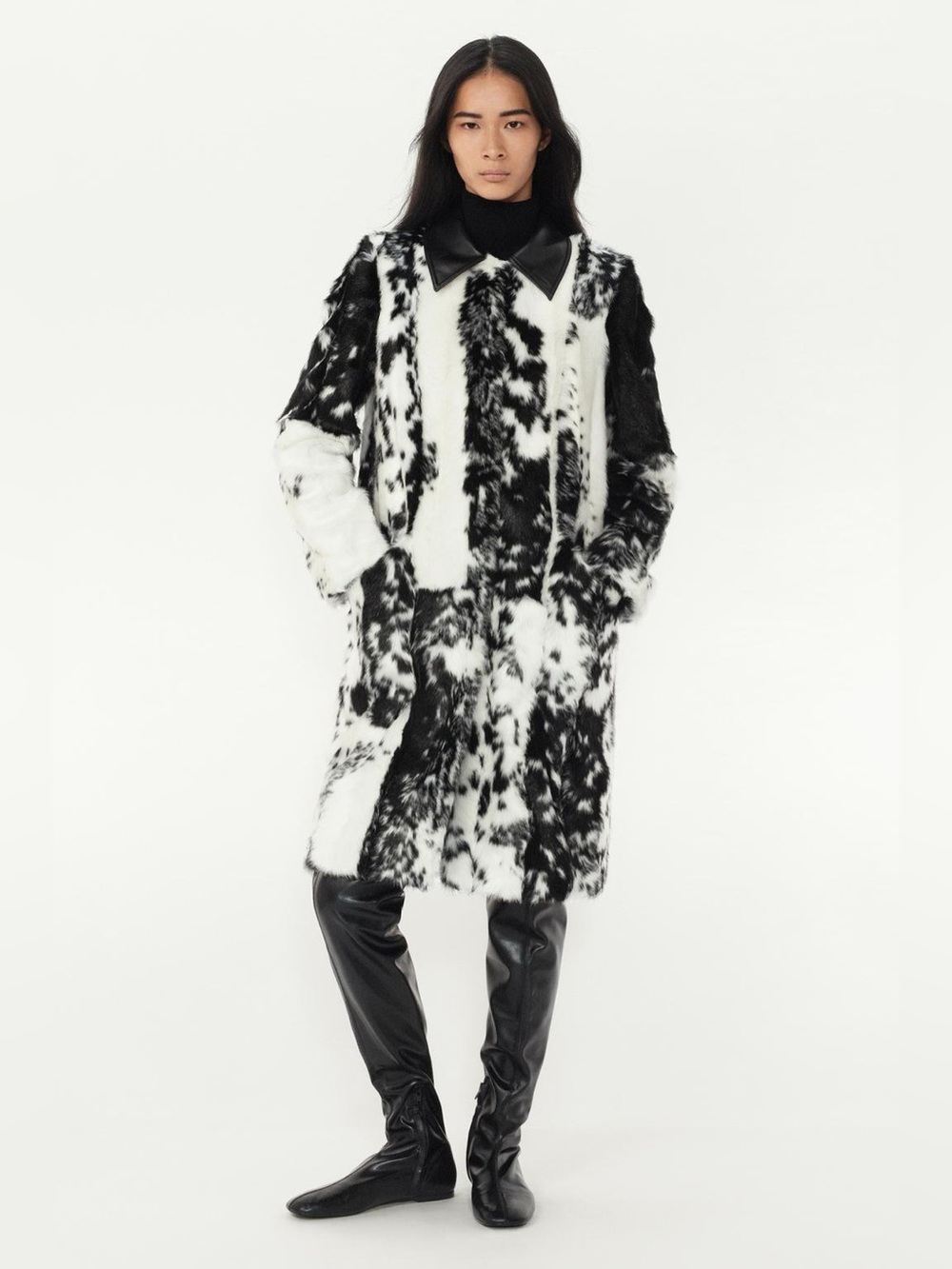 Zara animal cow print faux fur black white coat sz.XS